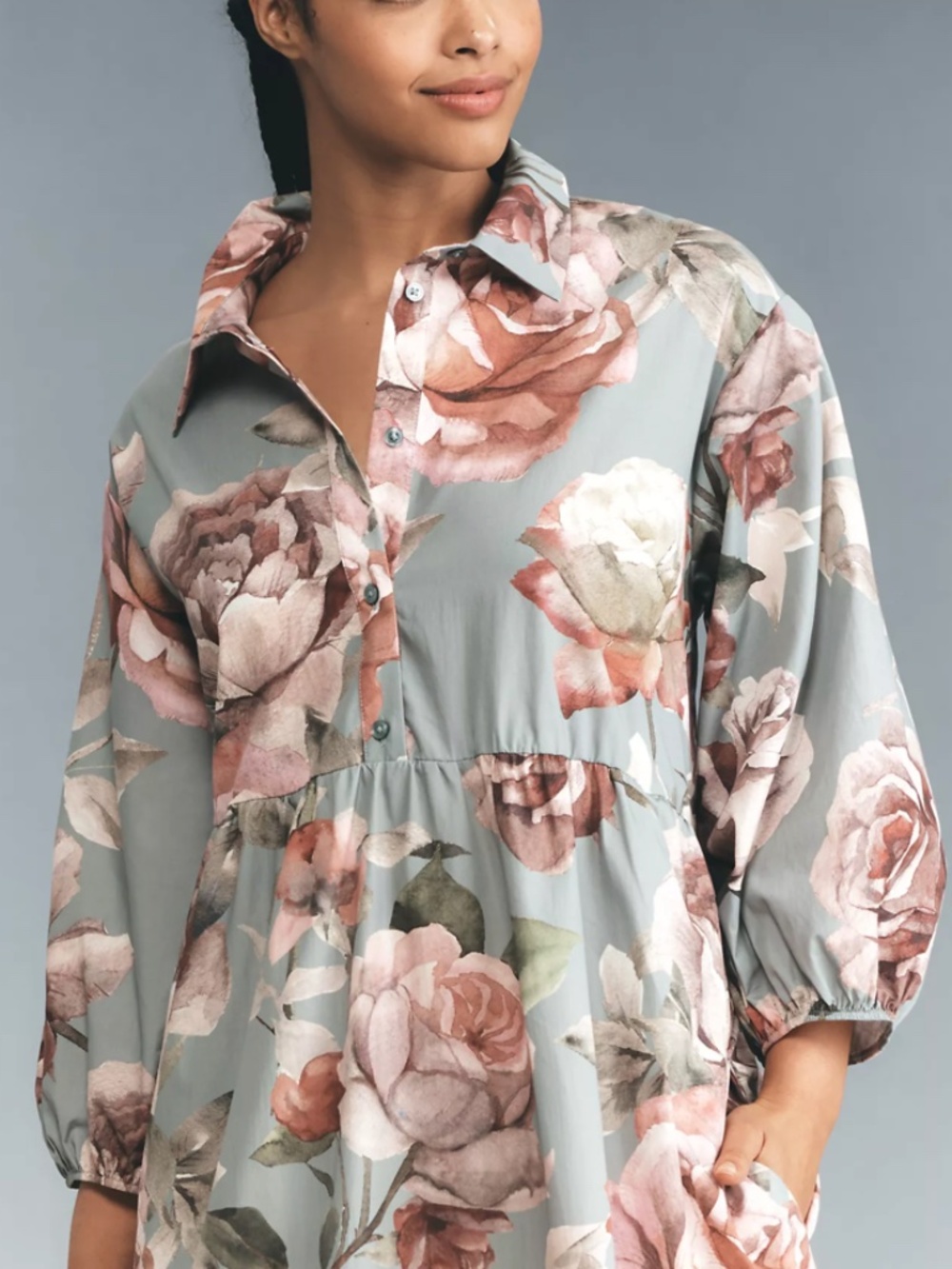 ANTHROPOLOGIE Loverly Grey Maeve Bettina Floral Tiered Shirt Dress - Picture 7 of 7